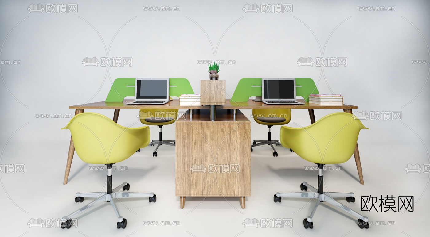 北欧实木卡位办公桌椅3d模型下载（渲染图4）