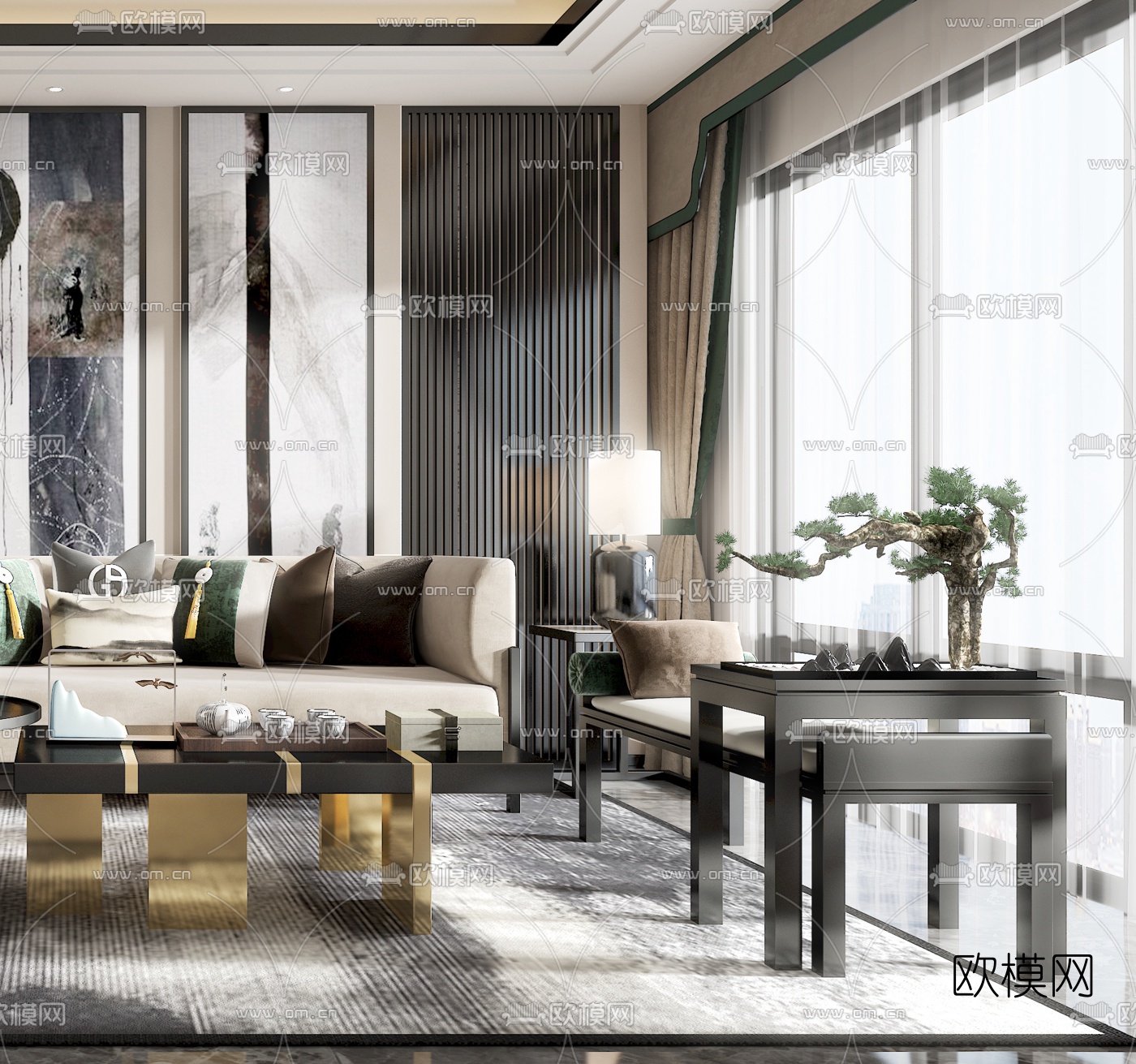 新中式客厅沙发组合3d模型下载（渲染图4）