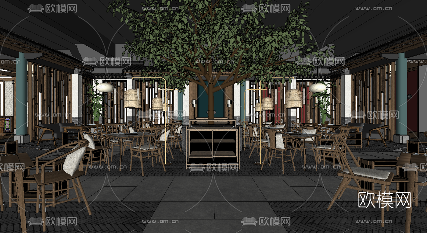 新中式自助餐厅su模型