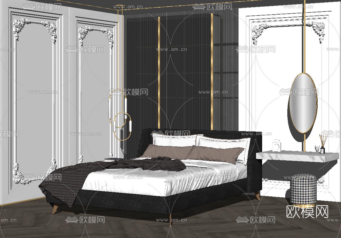 欧式简约卧室su模型下载