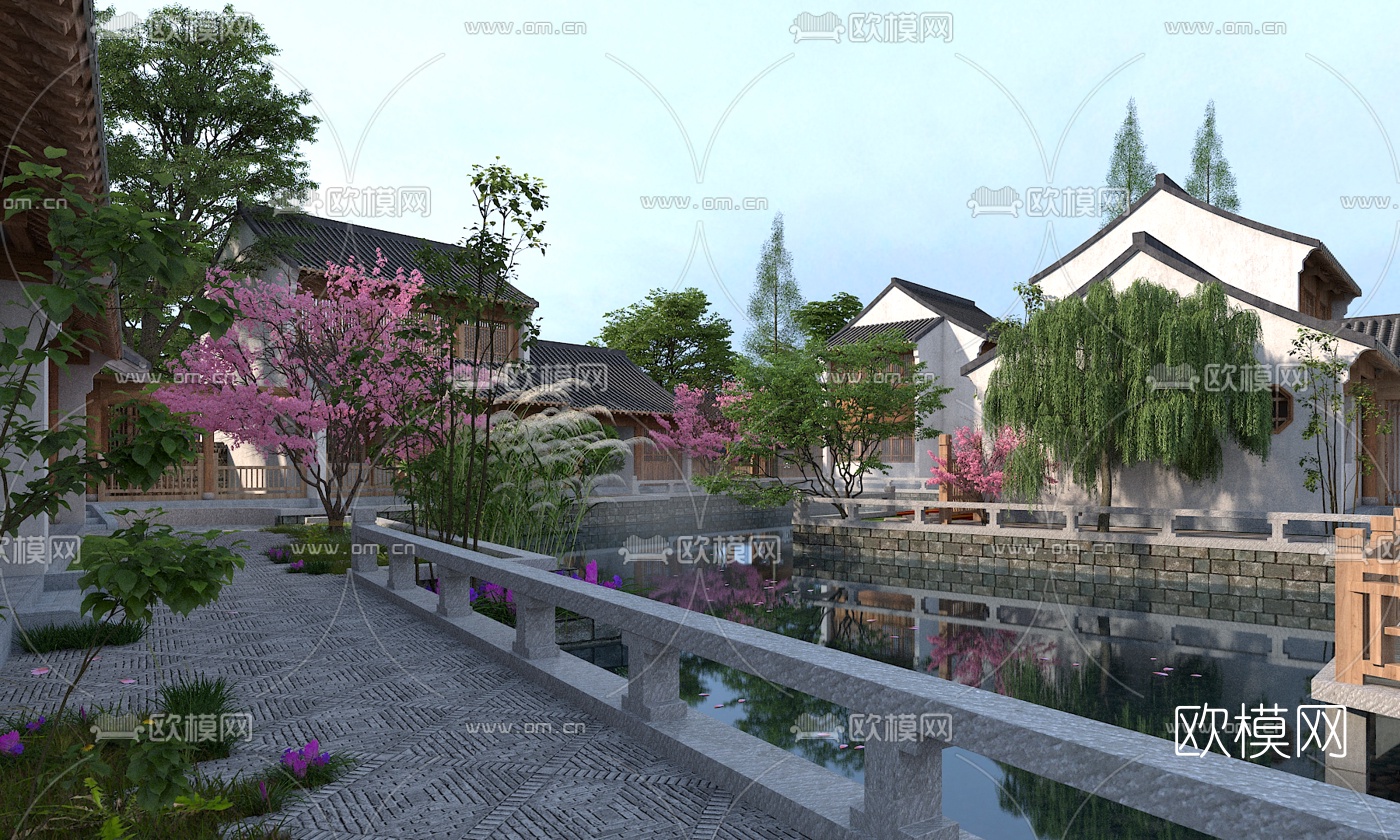 中式古建池塘园林景观3d模型
