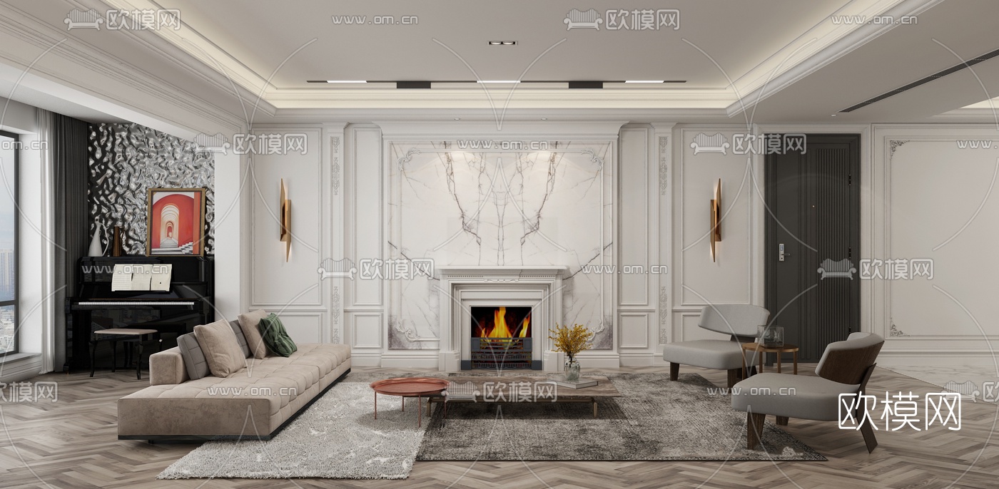 简欧客厅餐厅3d模型下载（渲染图1）