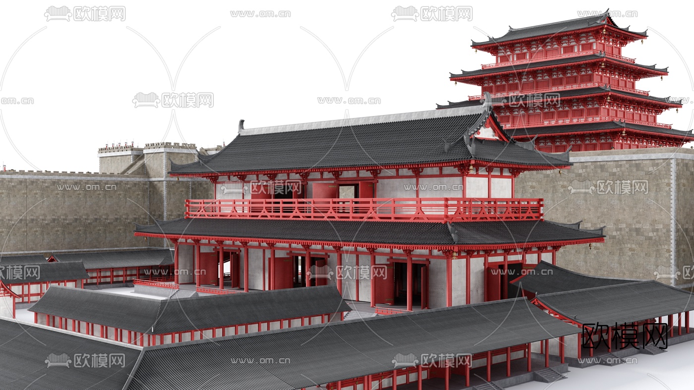 中式楼阁古廊桥3d模型下载（渲染图4）