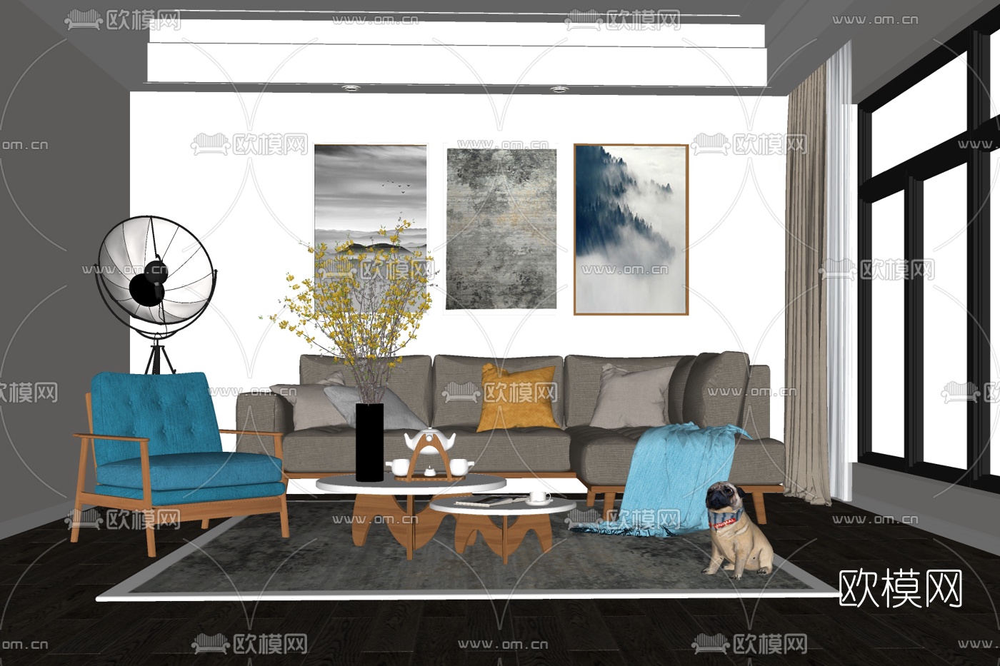 现代布艺组合沙发免费su模型下载