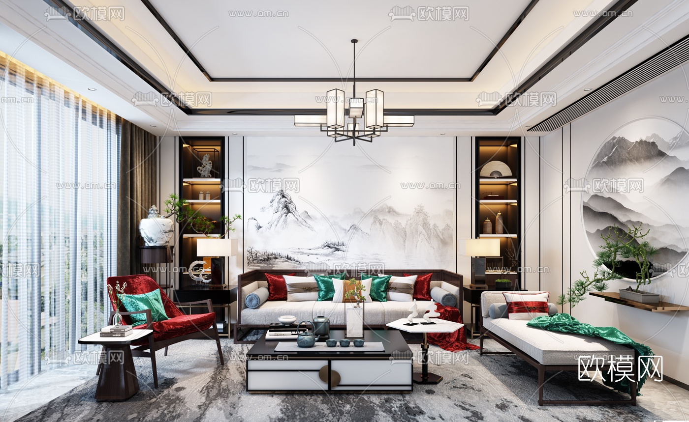 新中式实木沙发组合3d模型下载