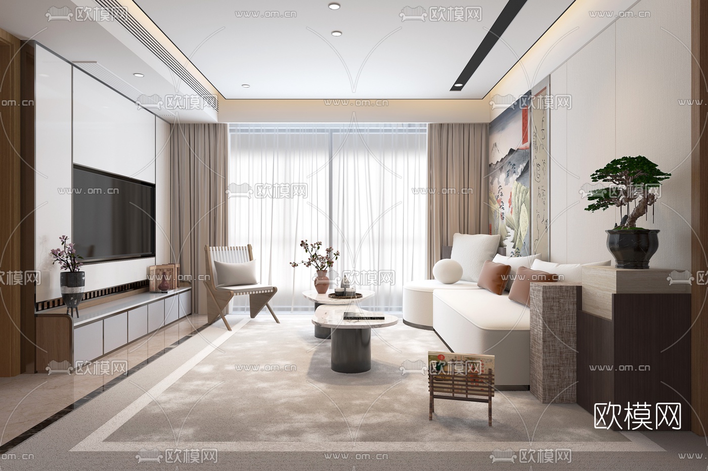 璞辉设计 日式客厅3d模型下载（渲染图1）