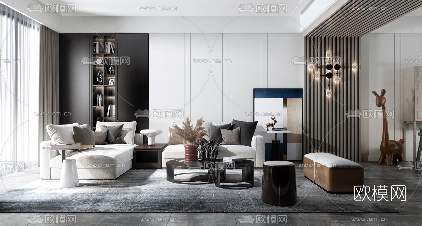 现代客厅餐厅3d模型下载（渲染图1）