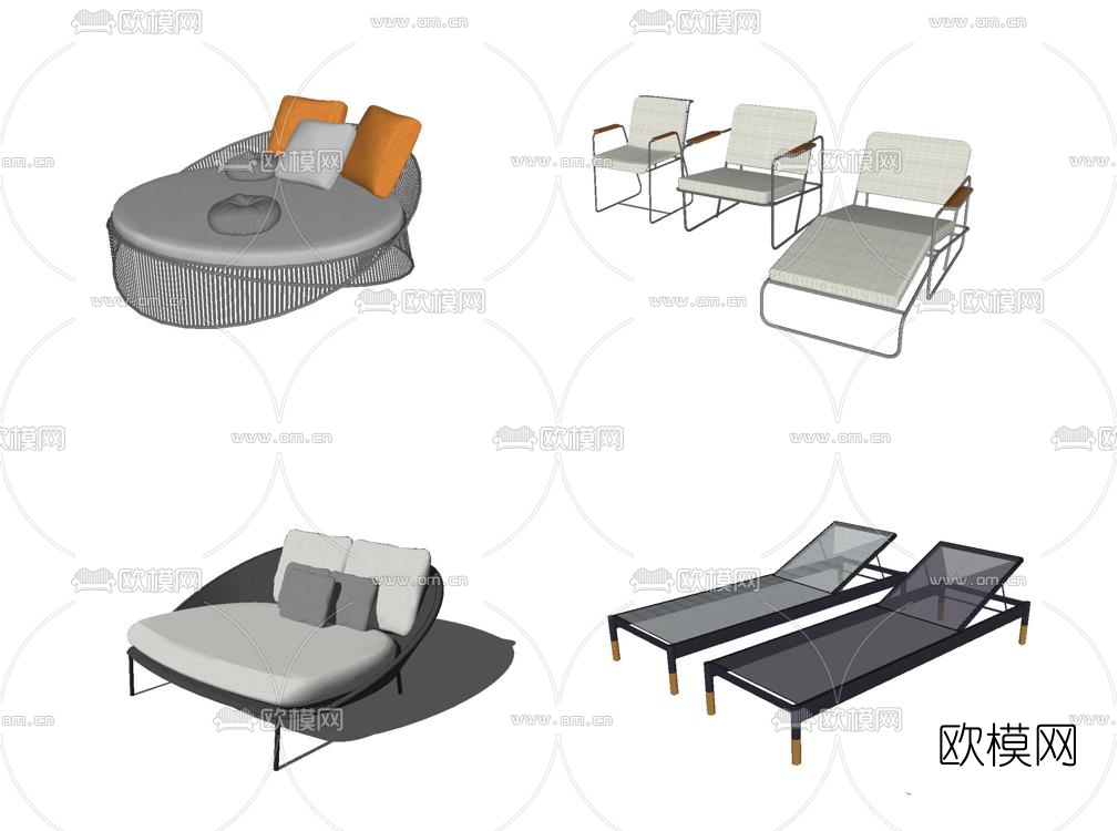 现代布艺躺椅组合su模型下载