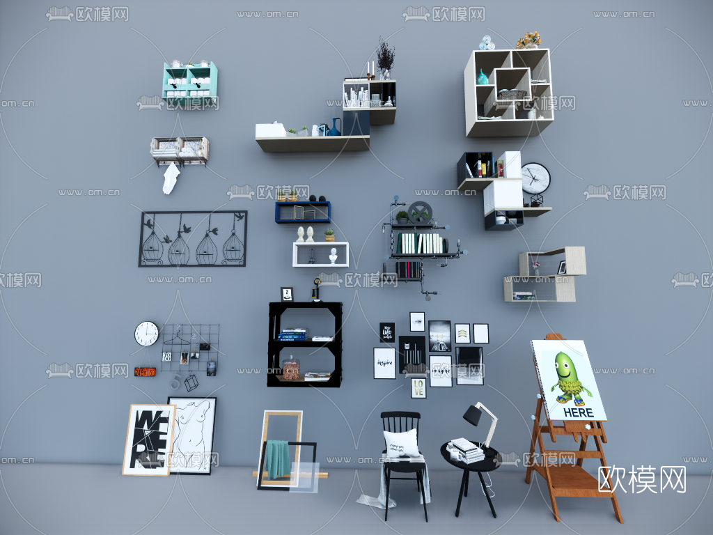 现代壁柜墙饰su模型下载（渲染图1）