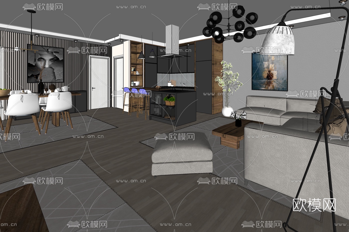 现代简约客餐厅免费su模型下载