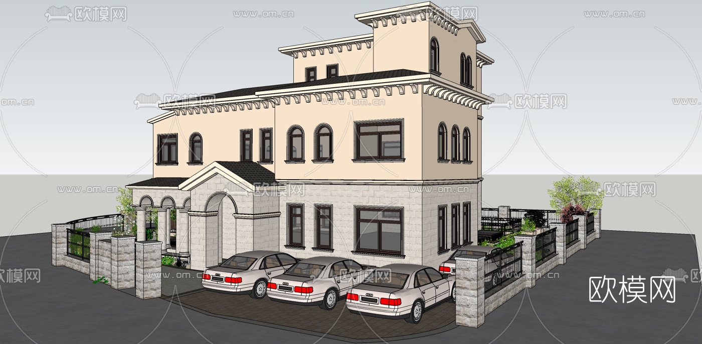 美式独栋别墅su模型下载（渲染图1）