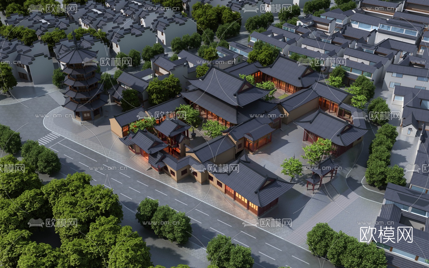 中式古建筑群鸟瞰规划3d模型下载