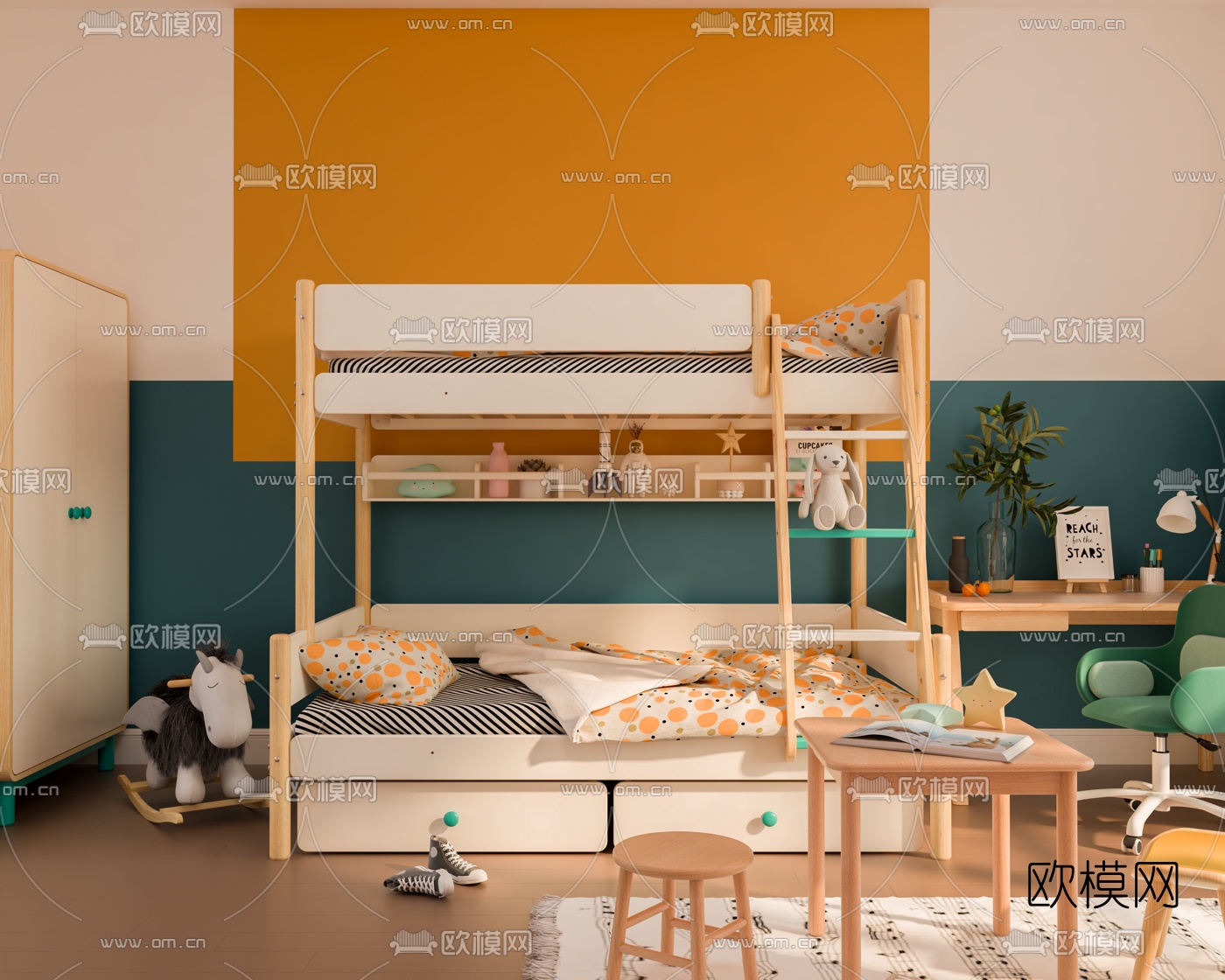 北欧上下铺儿童床3d模型下载（渲染图3）