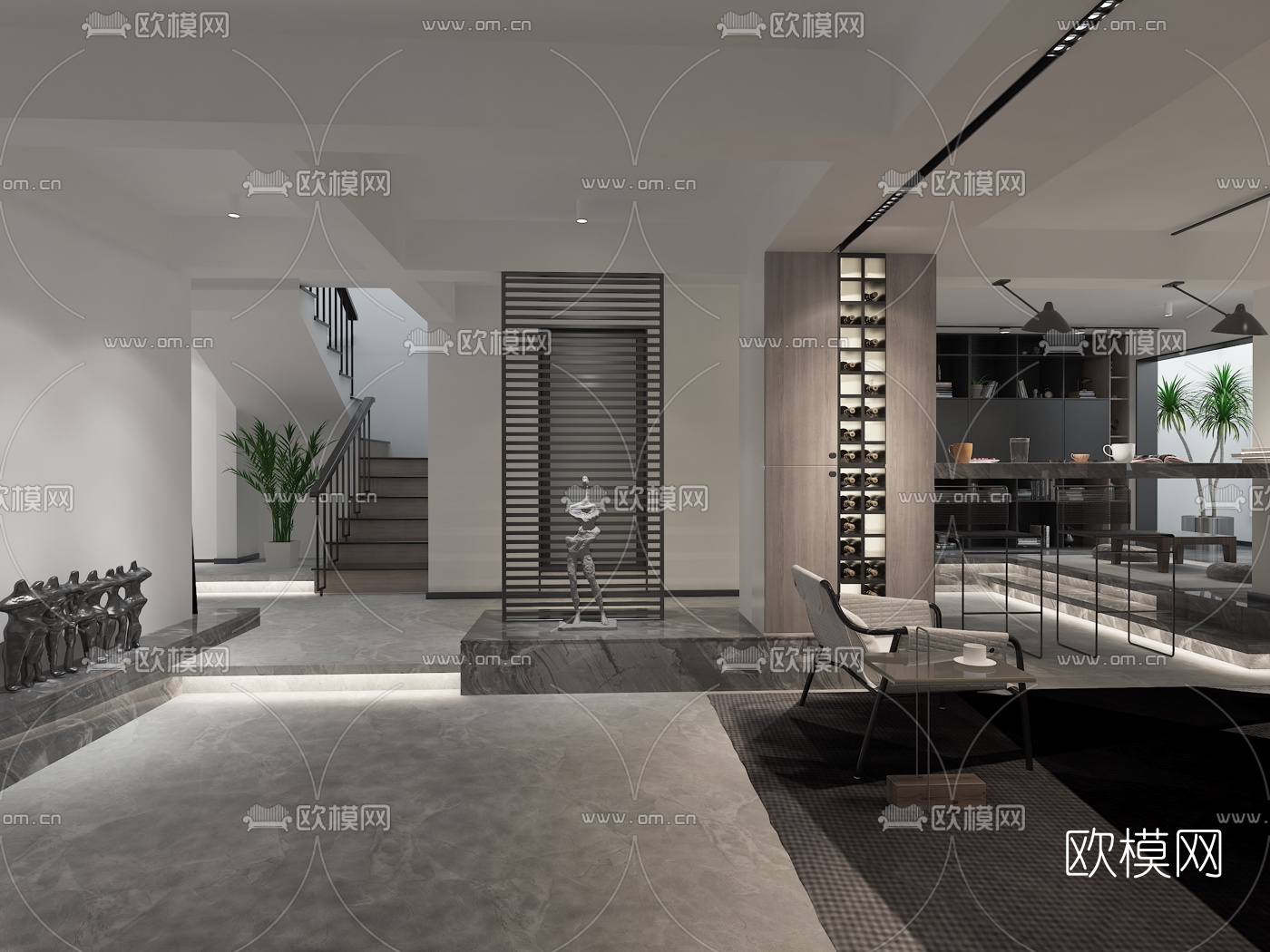 现代高级灰地下休闲室3d模型下载（渲染图2）