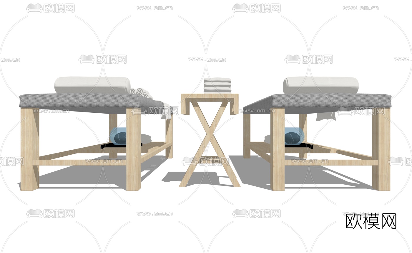 新中式实木按摩床su模型下载（渲染图1）
