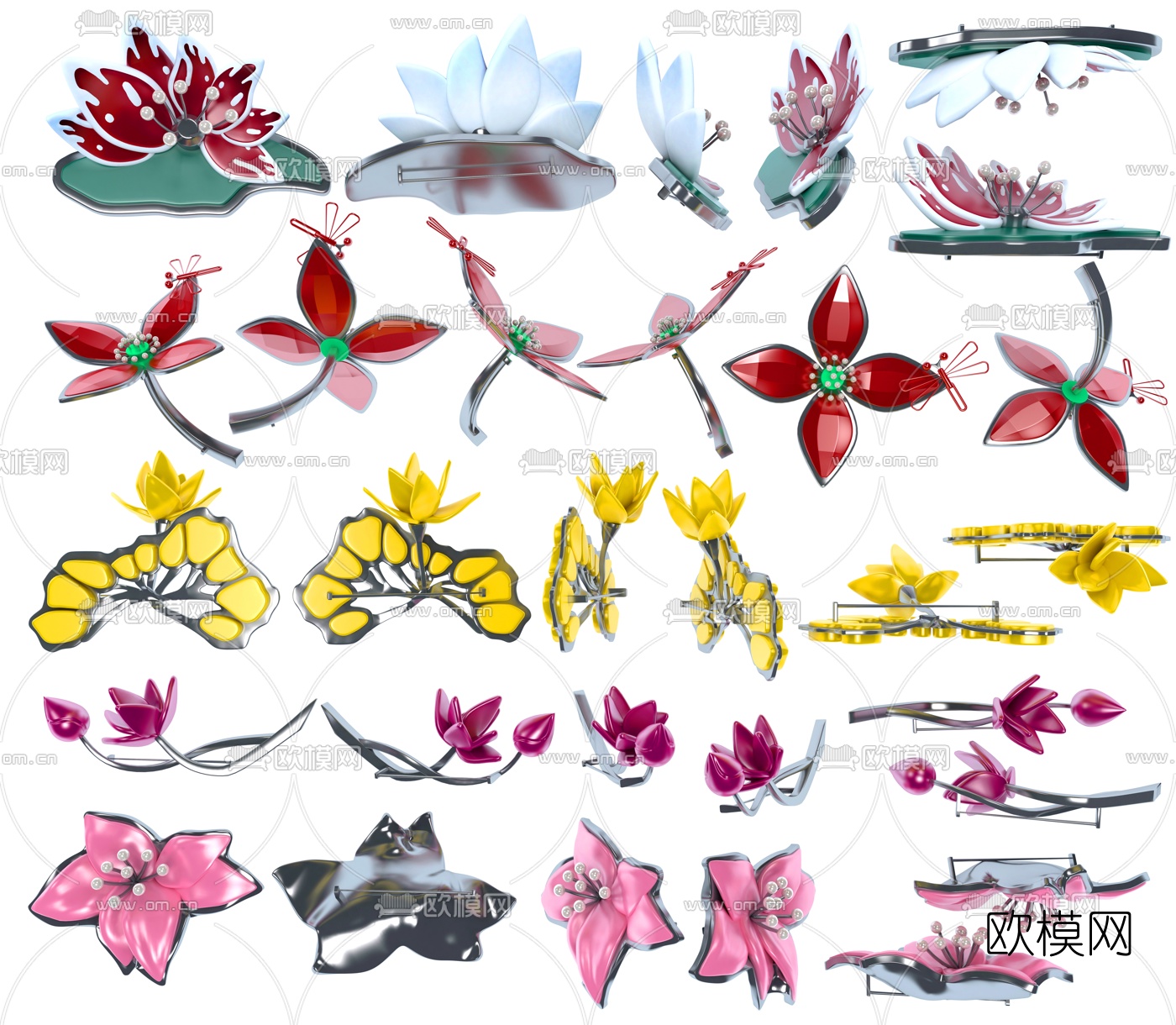现代花卉宝石胸针组合3d模型