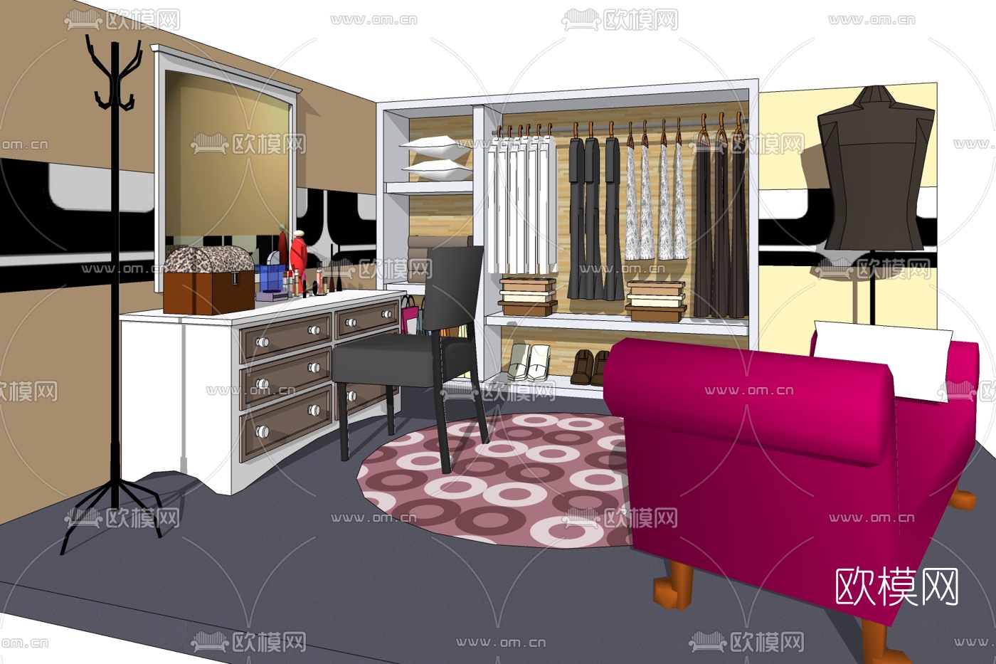 现代实木衣柜免费su模型下载