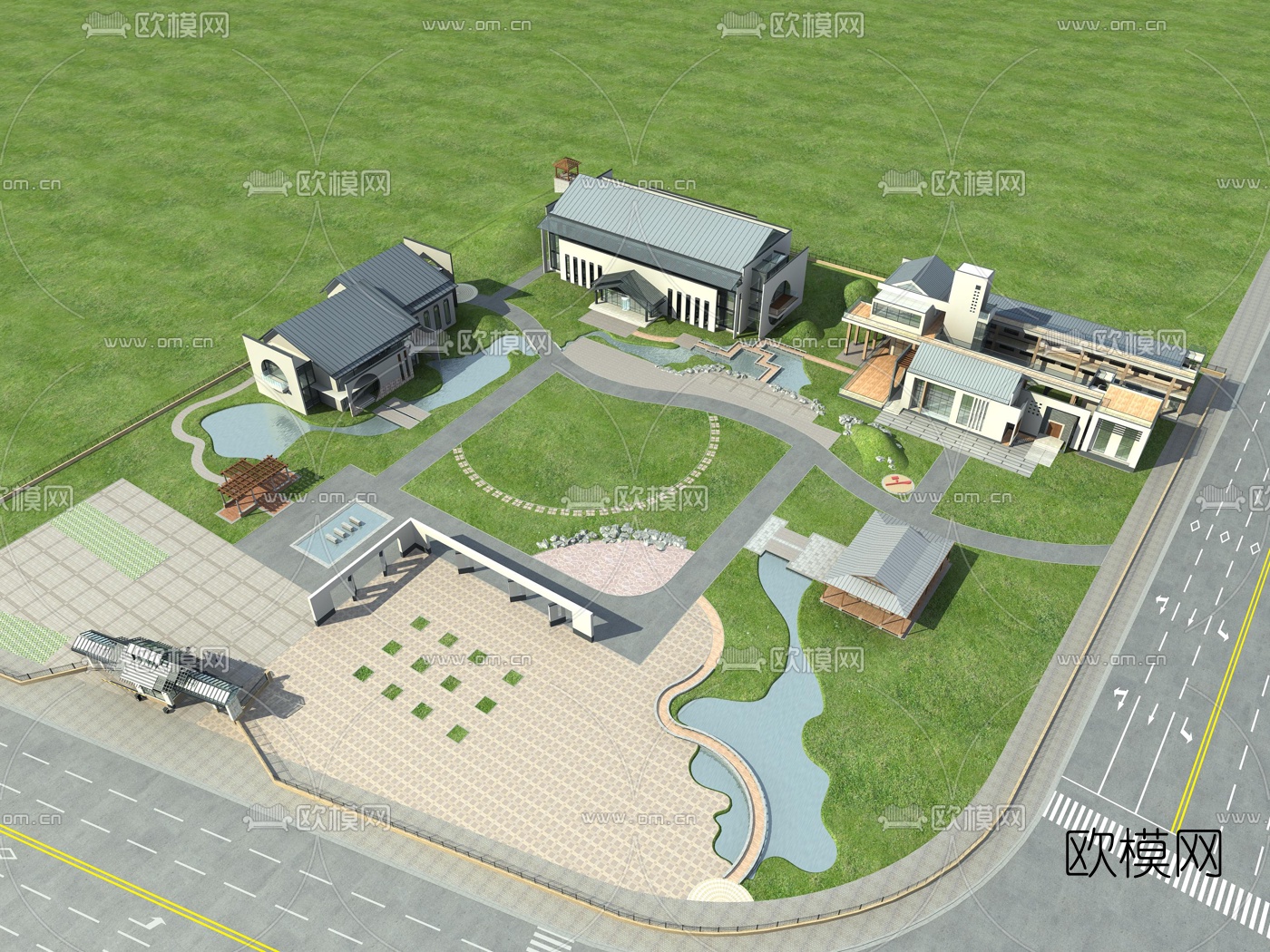 新中式会所鸟瞰3d模型下载（渲染图2）