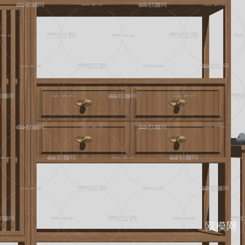 中式实木书架储物柜su模型下载（渲染图2）