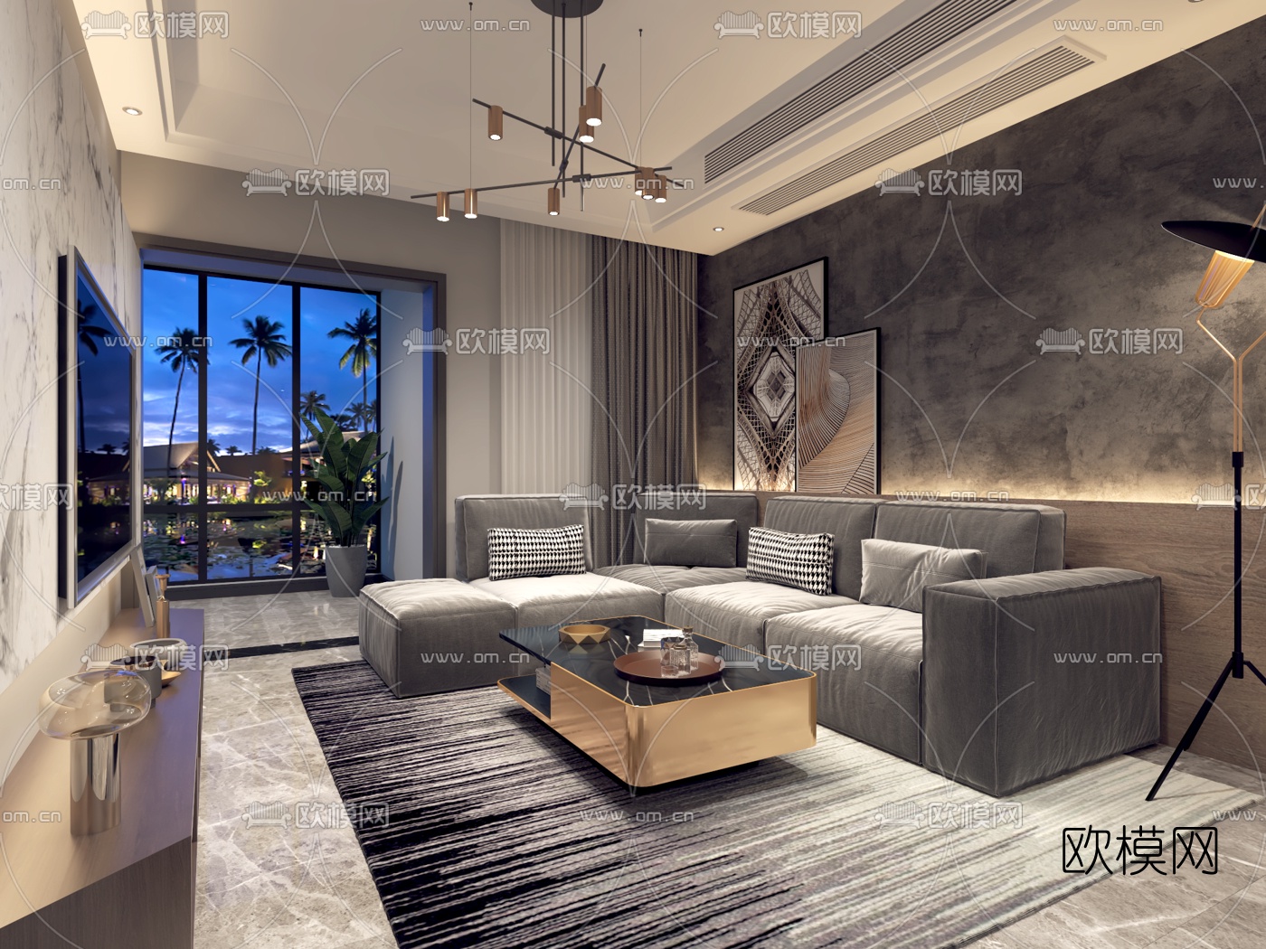 现代公寓客厅餐厅免费3d模型下载（渲染图1）