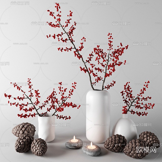 现代红色干花花瓶3d模型