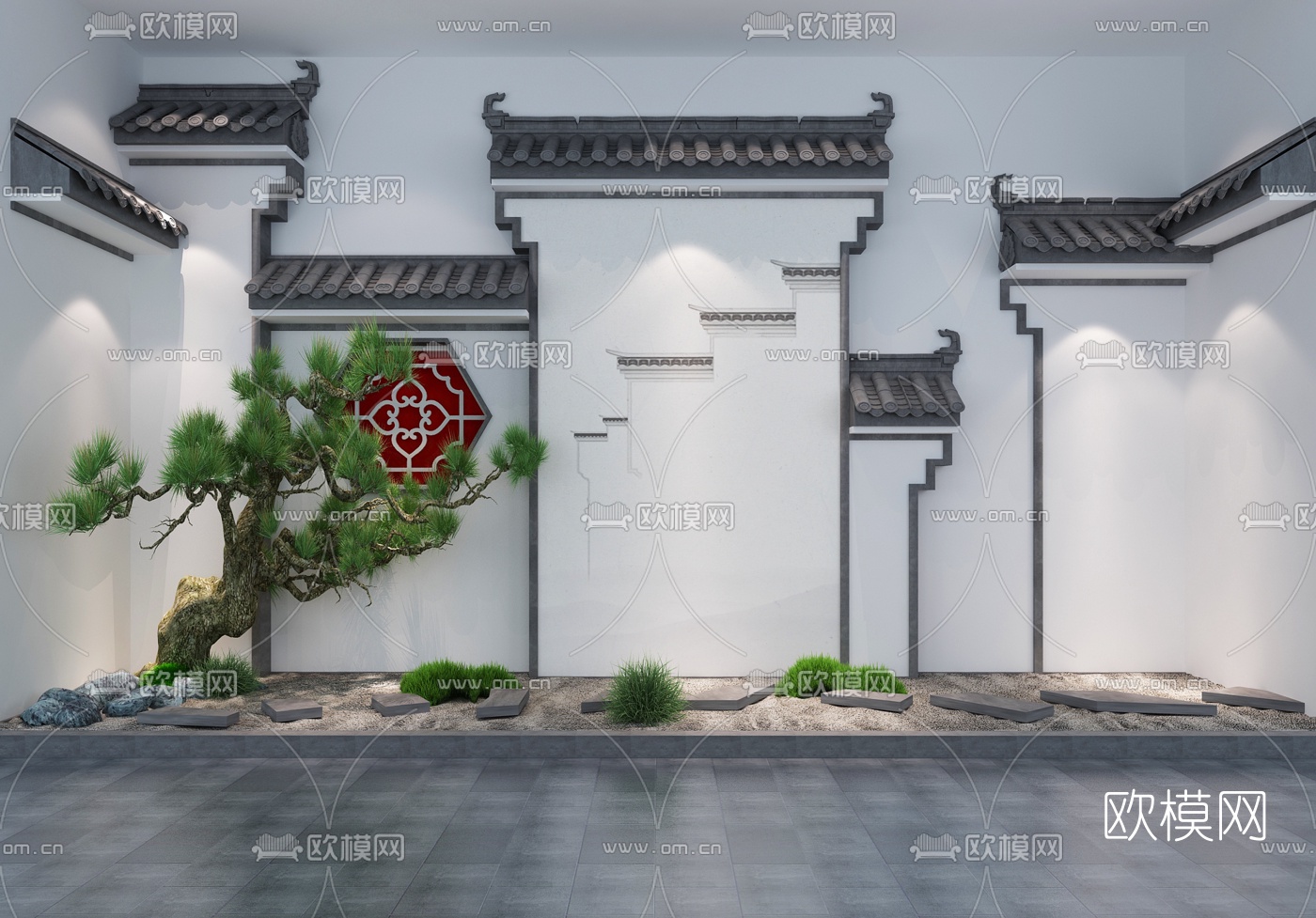 新中式徽派马头墙松树园艺小品3d模型