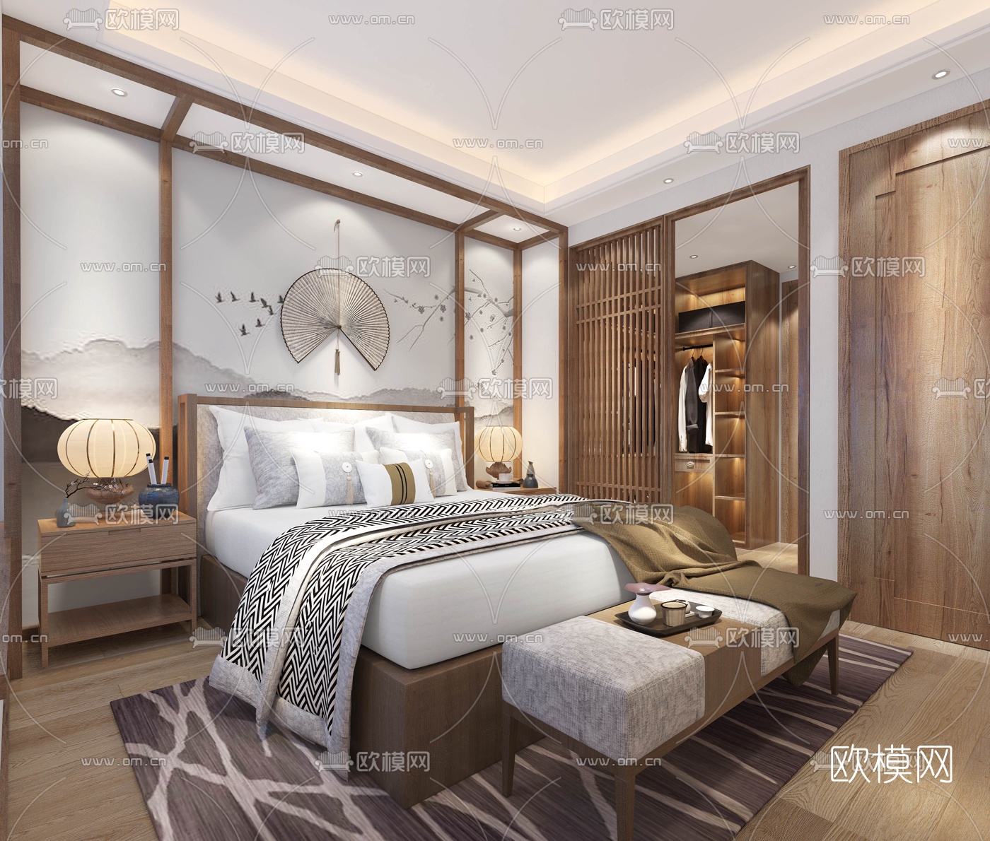 新中式主人房卧室su模型下载（渲染图1）