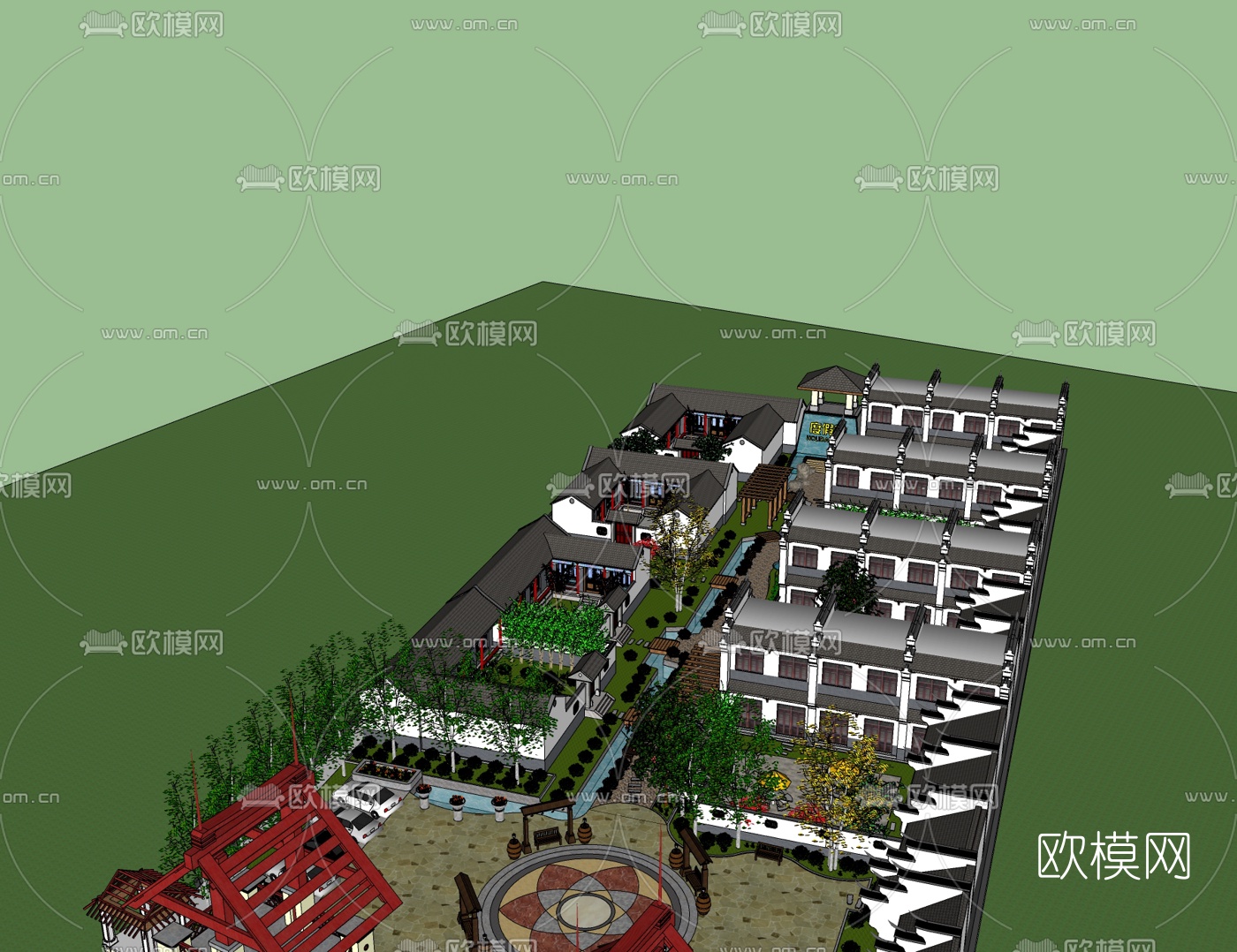 中式农家乐住宅鸟瞰规划免费su模型下载