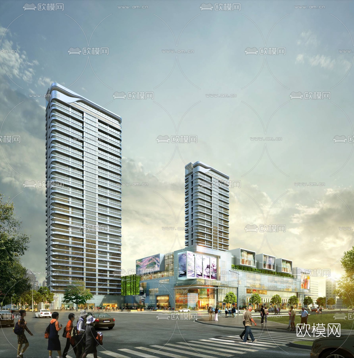 现代夜景商业街建筑外观3d模型下载（渲染图2）