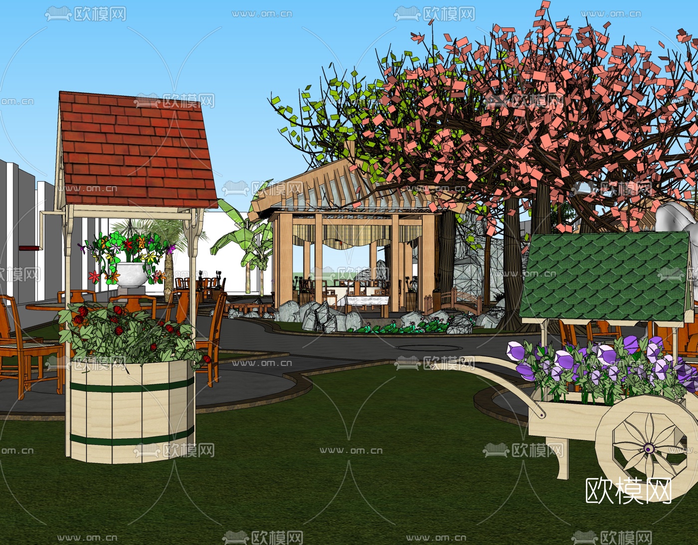 中式庭院景观免费su模型下载（渲染图1）