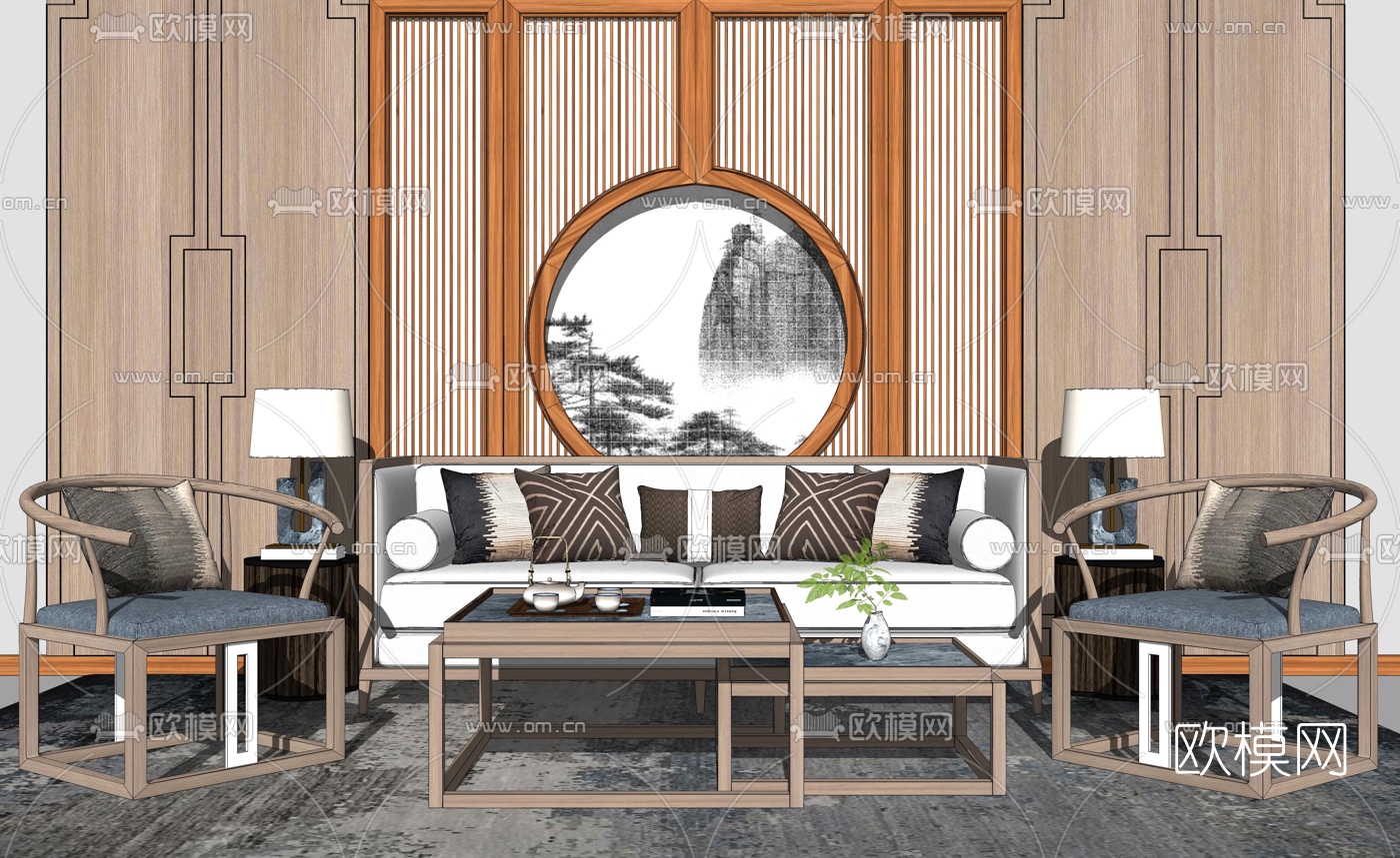 新中式实木沙发组合su模型下载