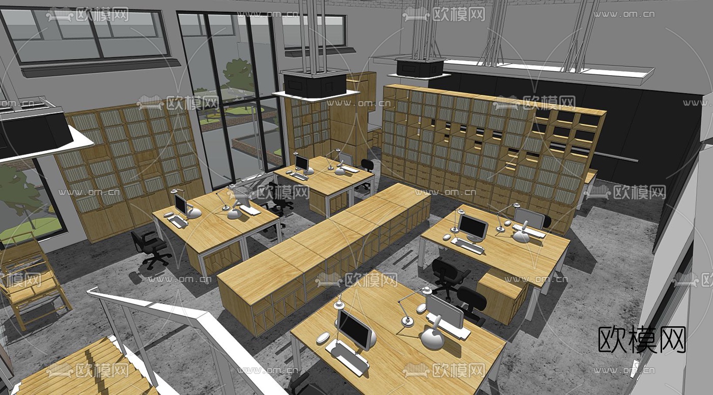 现代简约办公区su模型下载（渲染图1）
