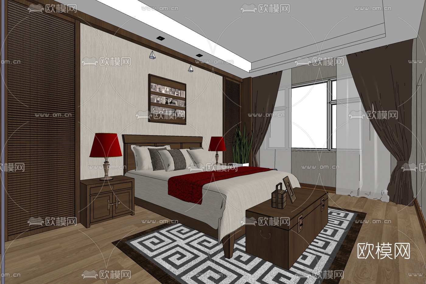 新中式卧室免费su模型下载