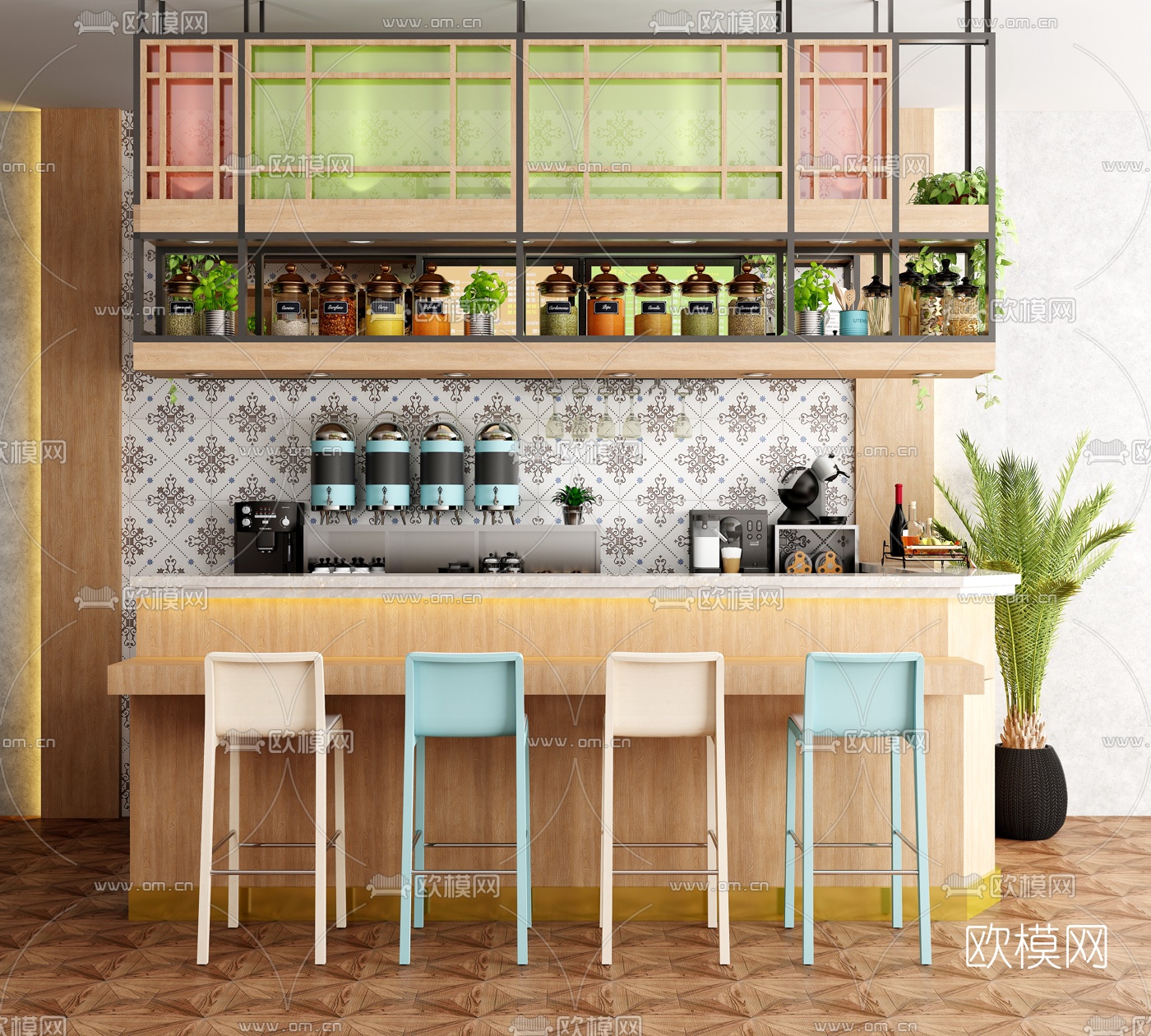 现代奶茶咖啡店工作吧台3d模型下载（渲染图1）