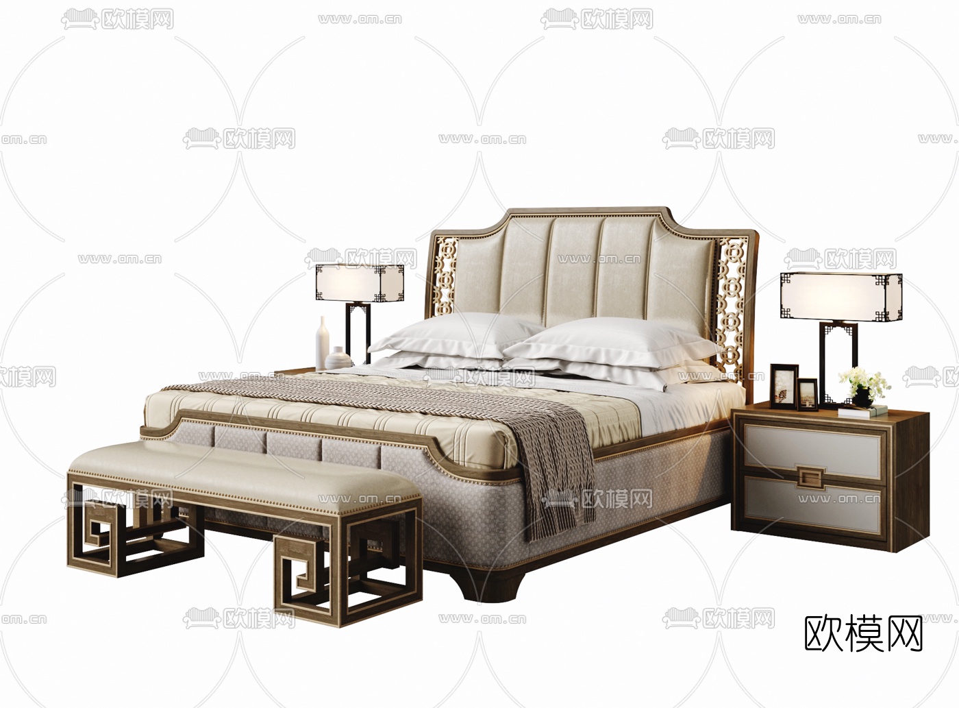中式布艺双人床3d模型下载