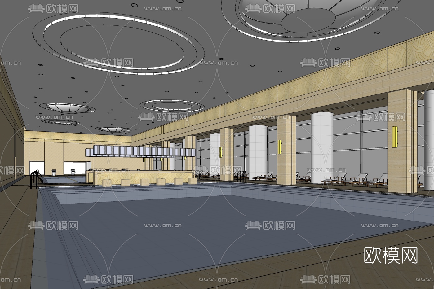 现代室内游泳池免费su模型下载