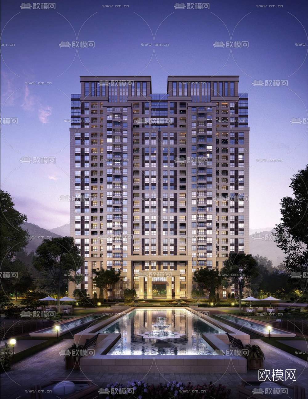 简欧高层住宅楼外观夜景3d模型下载