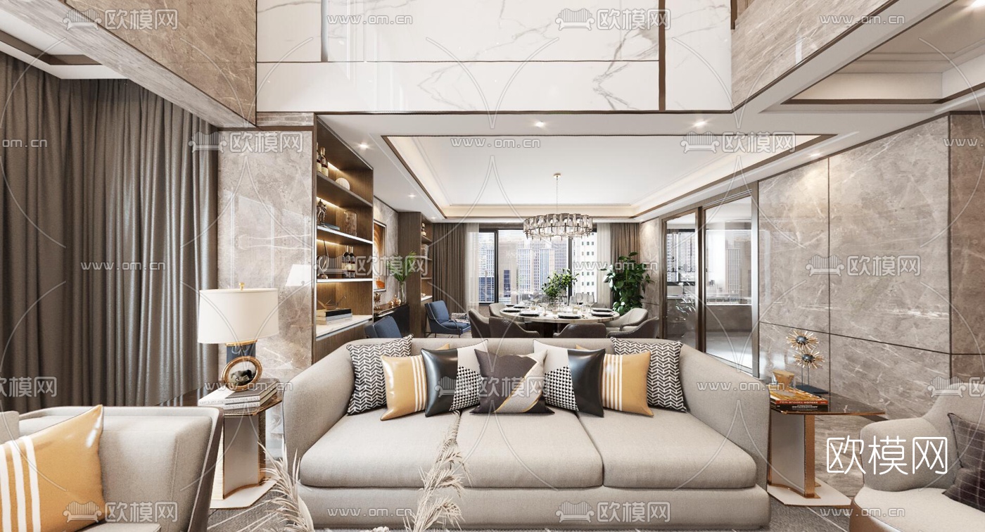 现代轻奢别墅客厅餐厅vr全景3d模型