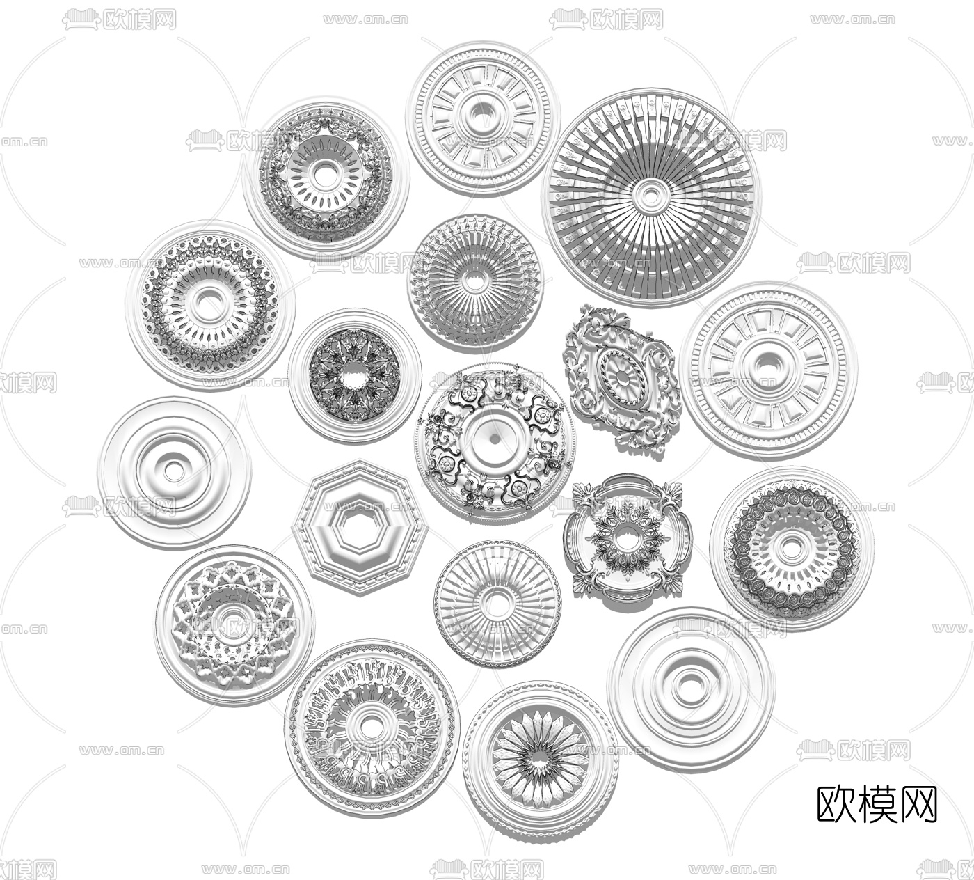 欧式石膏圆形灯盘su模型下载