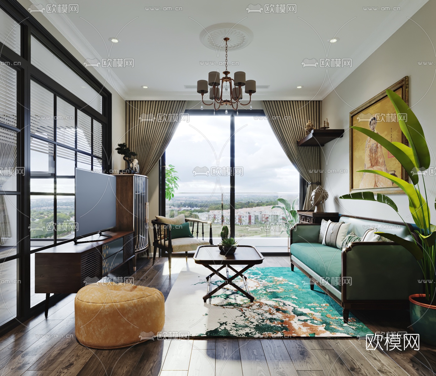 东南亚客厅餐厅3d模型下载（渲染图1）