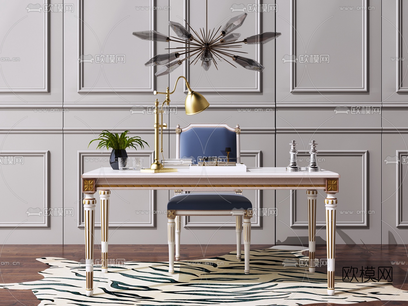 新古典写字台书桌椅3d模型下载