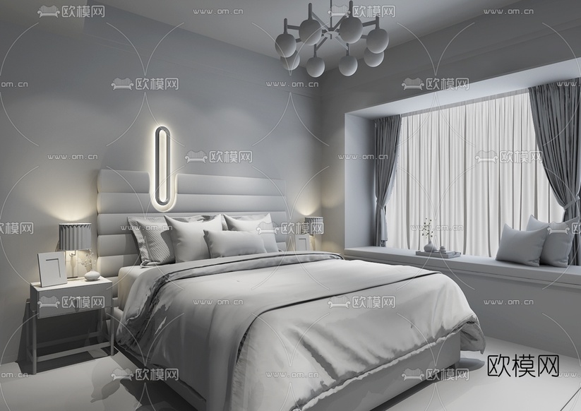 元禾大千设计 现代卧室主人房3d模型下载(渲染图2)