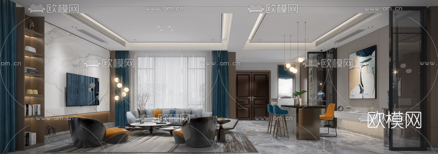 现代轻奢客厅餐厅3d模型
