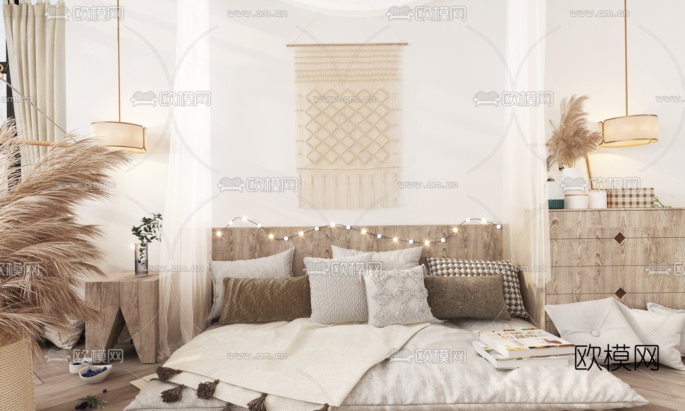 自然风布艺双人床3d模型下载