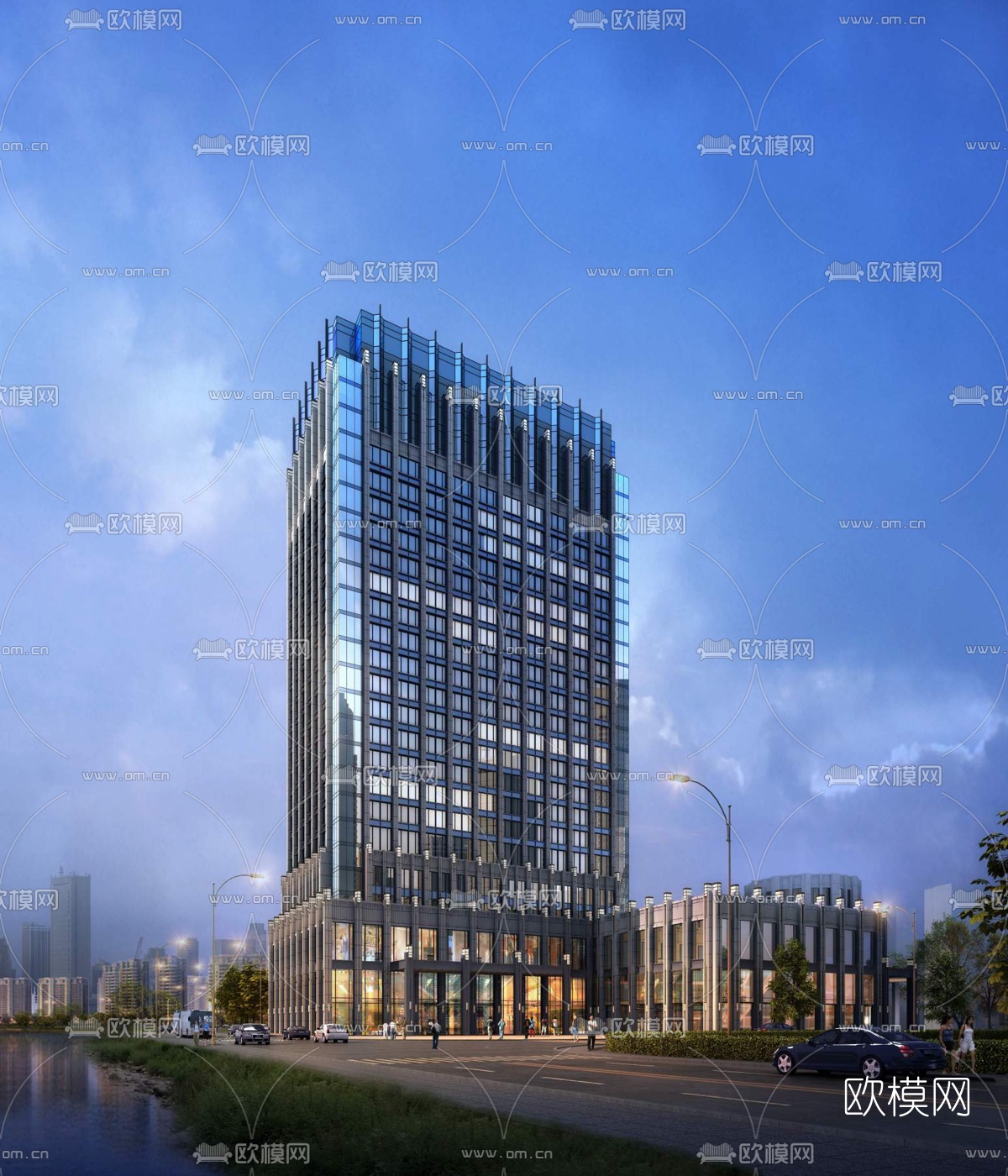 现代酒店建筑外观夜景3d模型下载