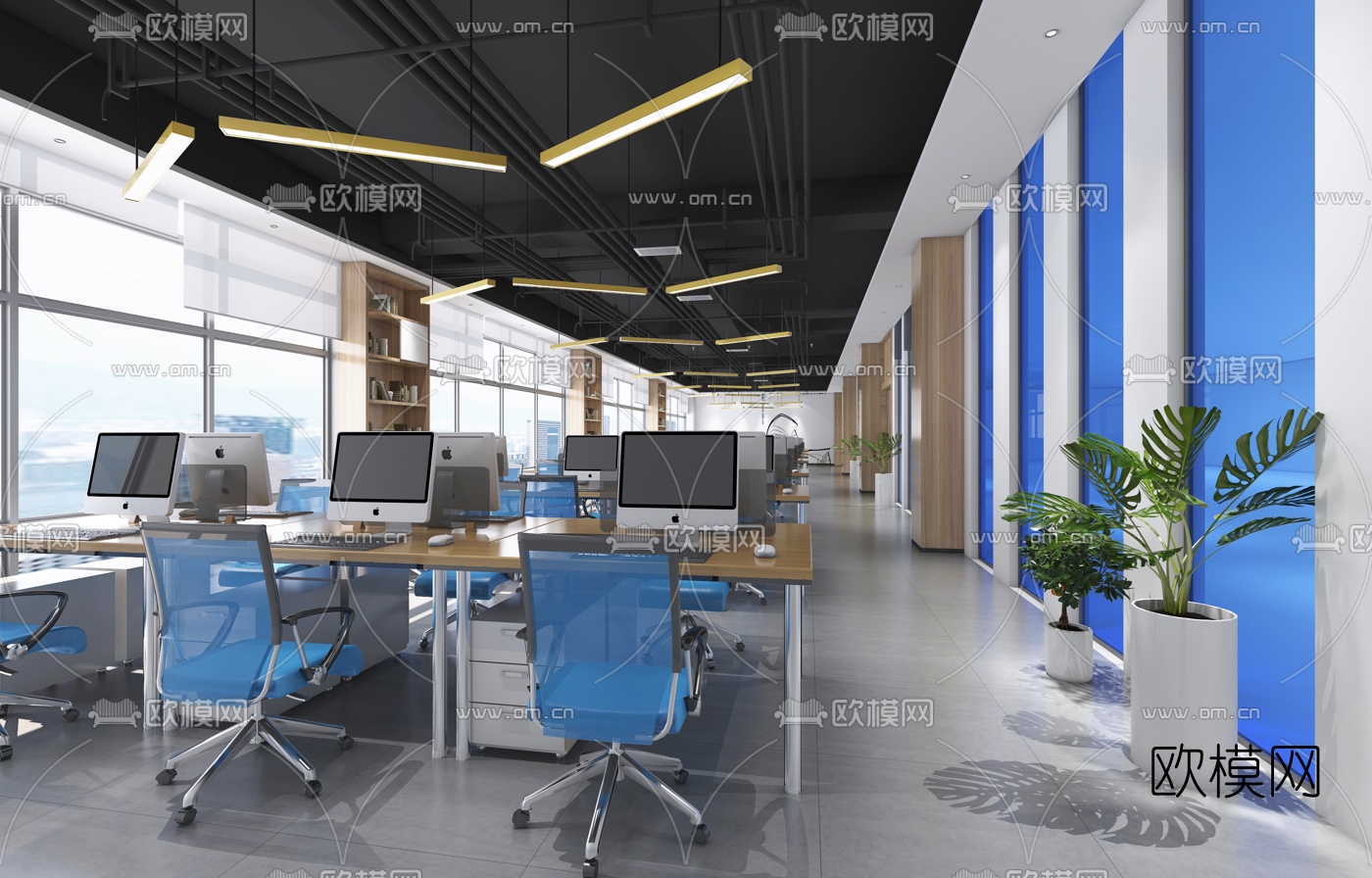 现代敞开式办公室3d模型下载