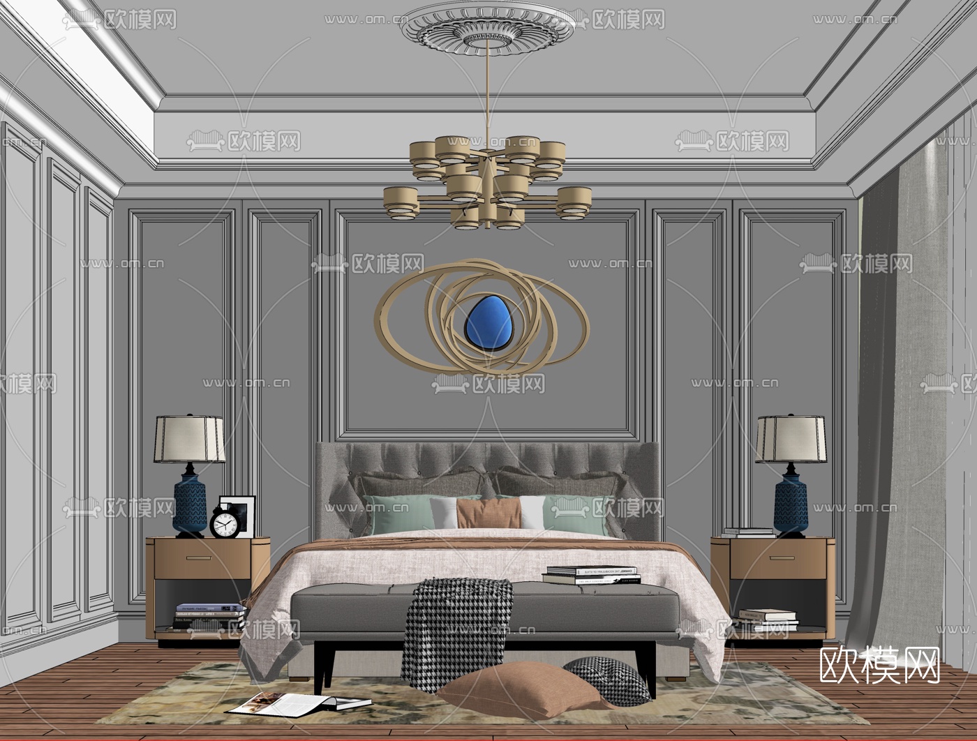 美式轻奢卧室su模型下载（渲染图3）