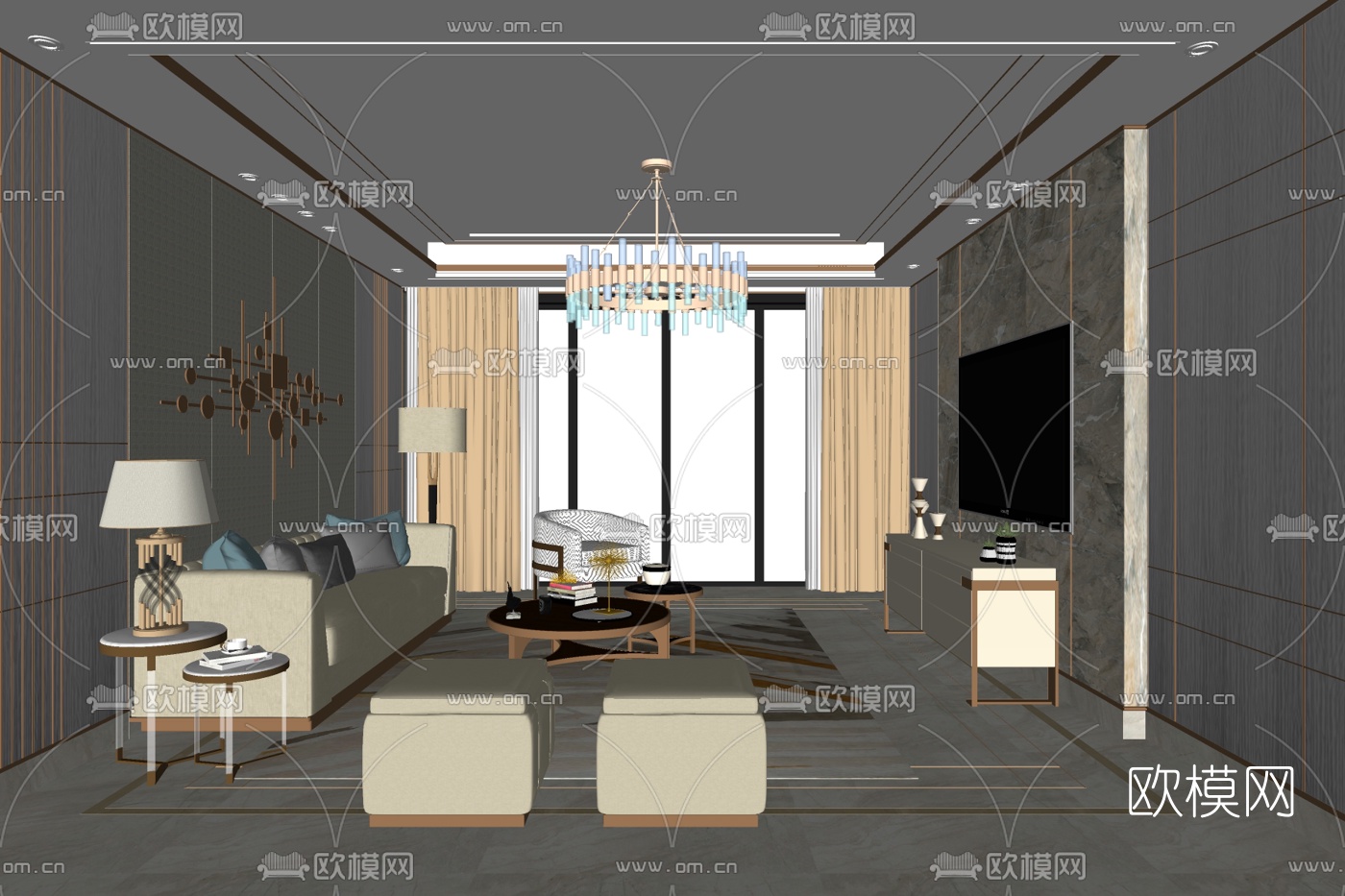 新中式客厅免费su模型下载