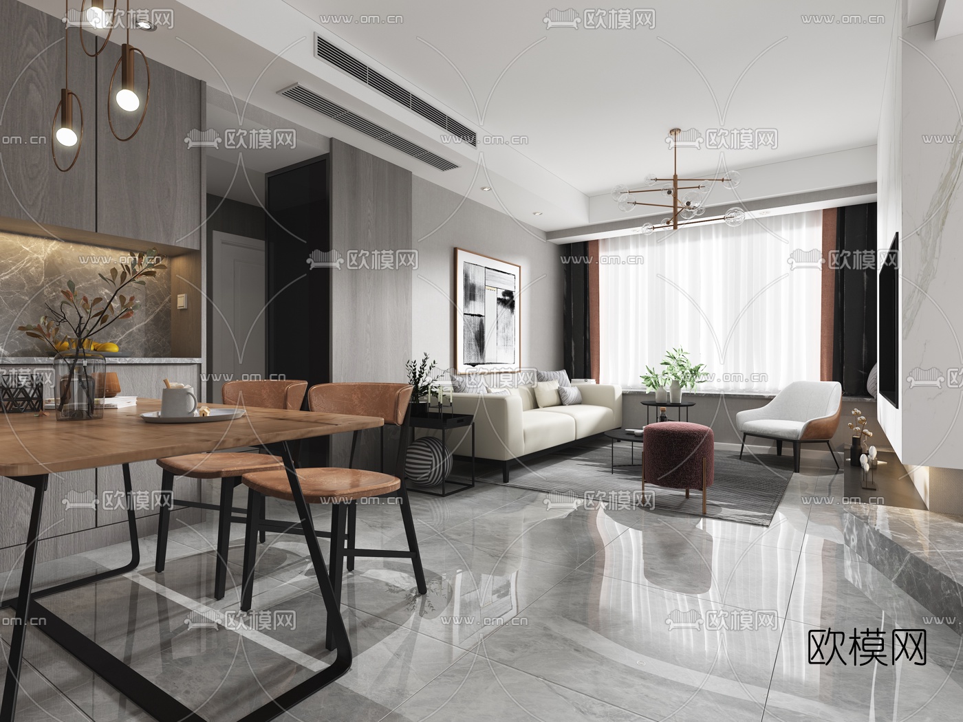 现代客厅餐厅3d模型