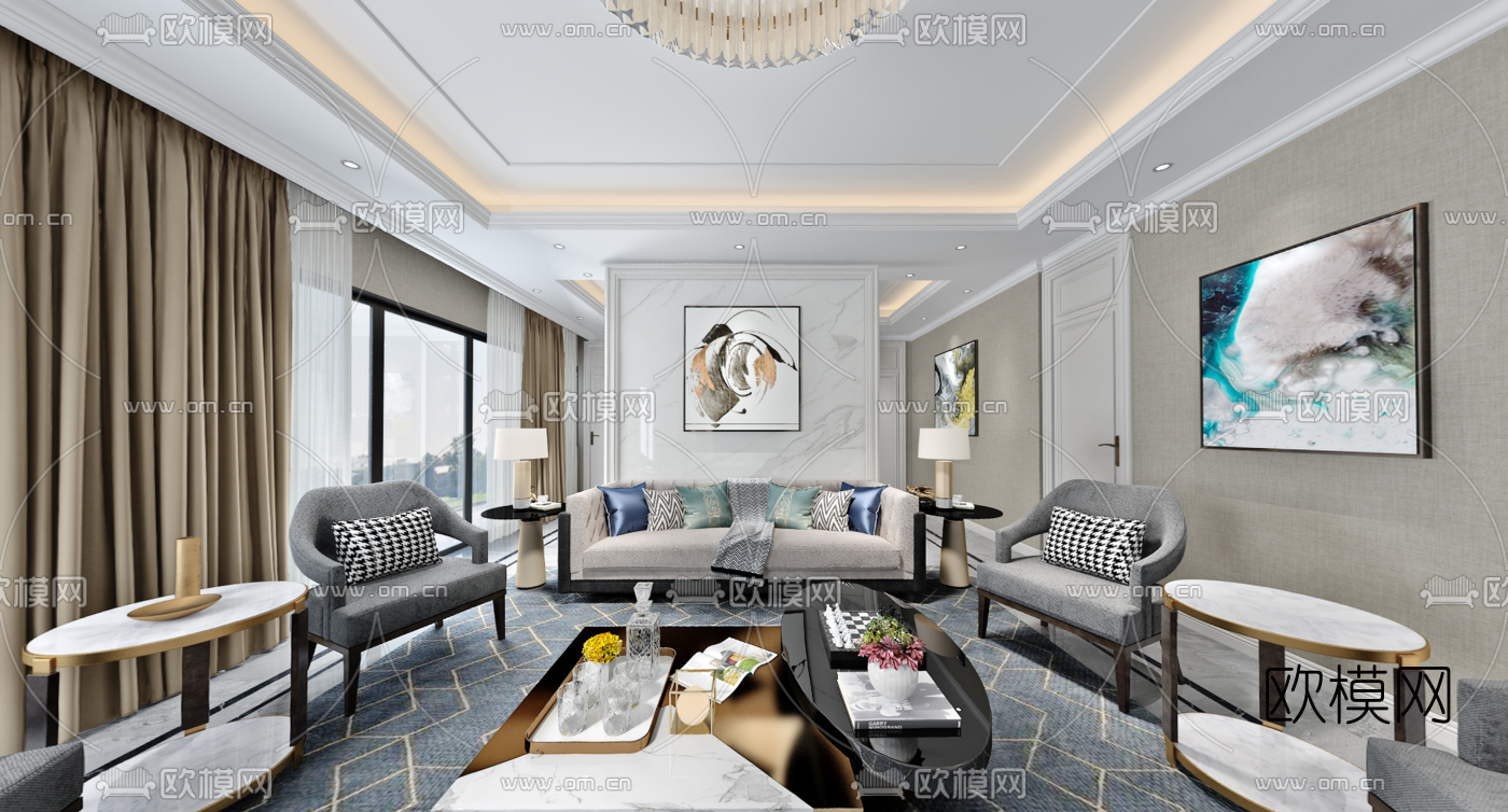 简欧客厅餐厅vr全景3d模型